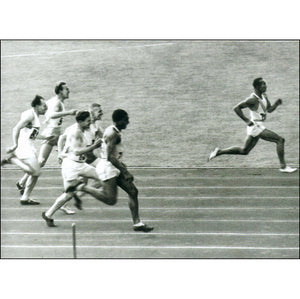 This is a picture of Jesse Owens as he's rocketing ahead of his competitors in the 100-meter Sprint winning his first of four Olympic gold medals for the United States at the 1936 Summer Olympics.