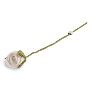 White felted wool Rose flower wrapped in green leaves with and green wired stem.