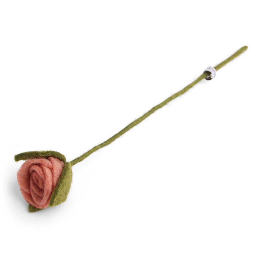 Dark red felted wool Rose flower wrapped in green leaves with and green wired stem.