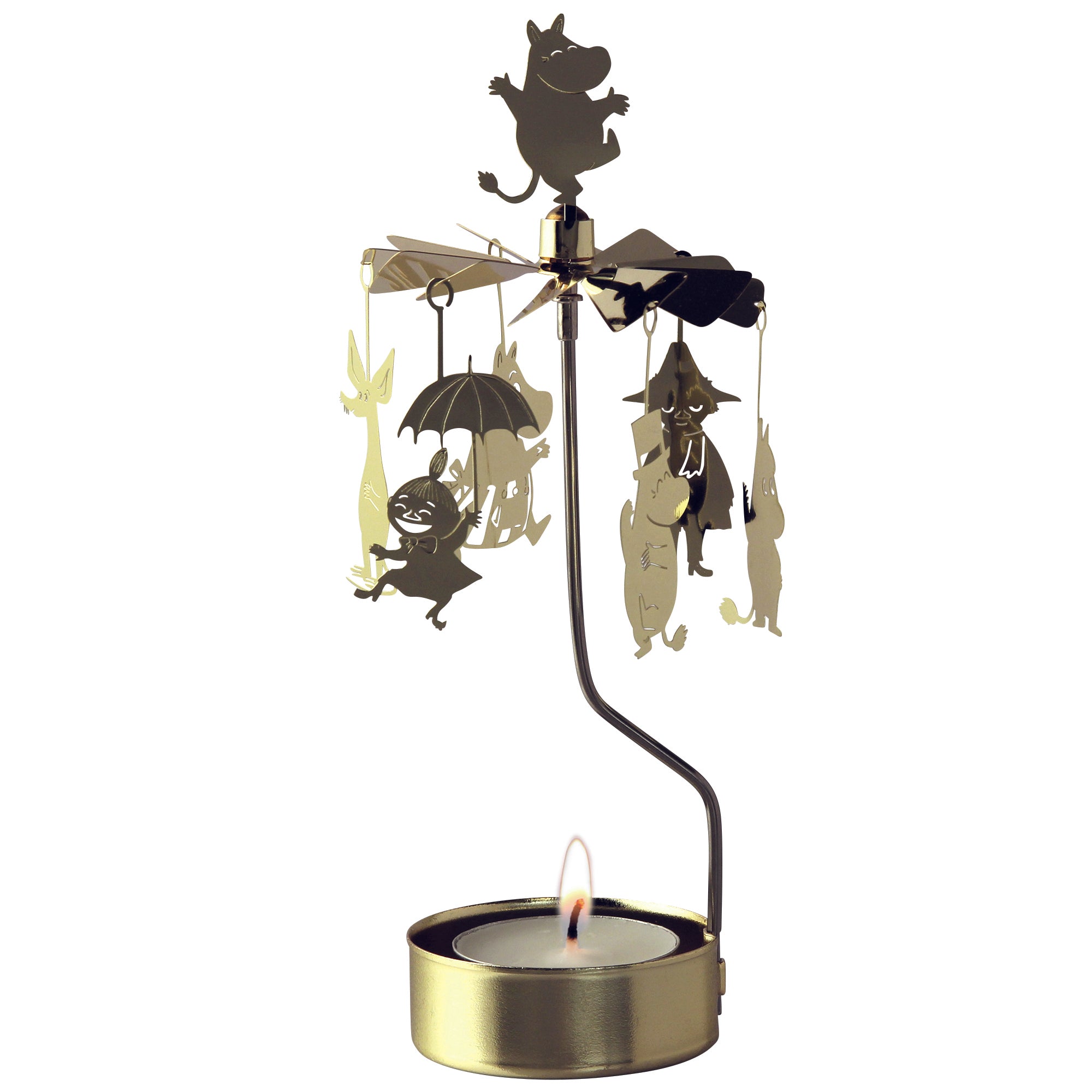 Gold Rotary Candle with Moomin Characters hanging and a lite flame. Moomin is standing on the top of the candle holder.