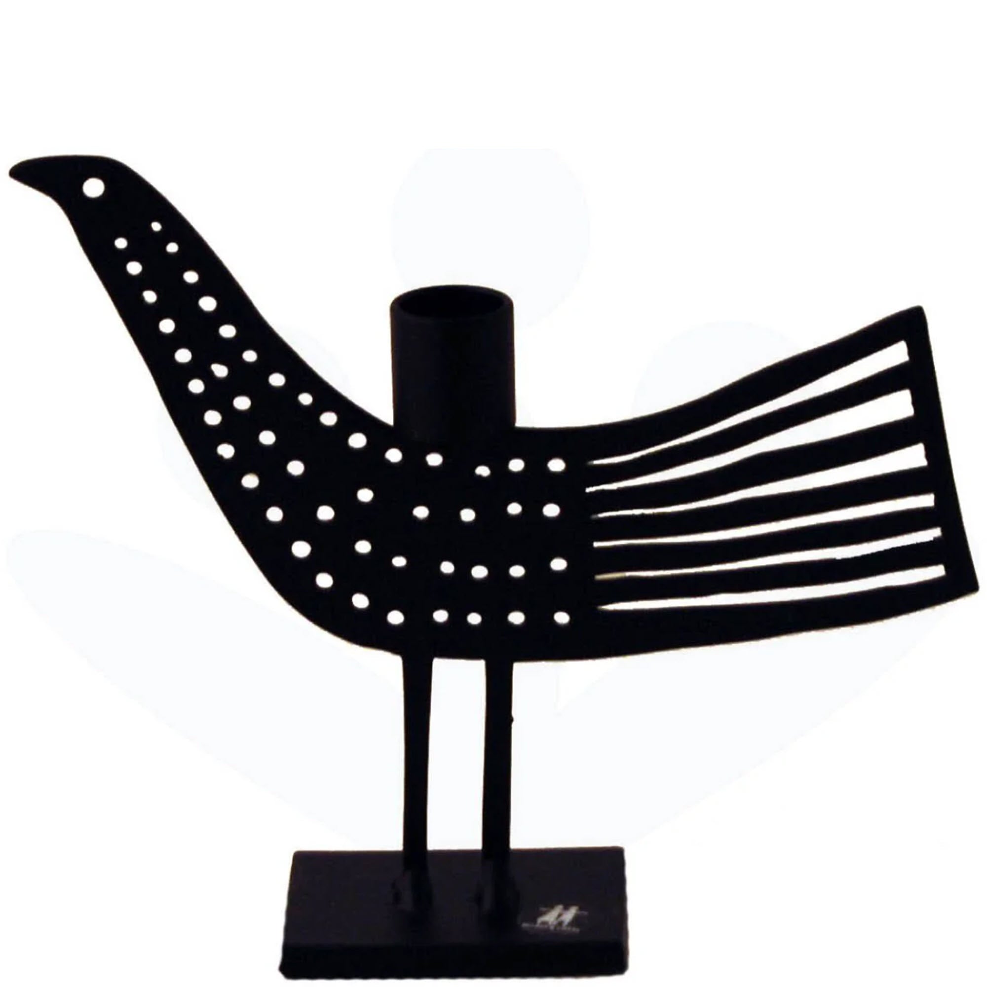 Artistic Bird Shape Candle Holder made of Black Iron and contains holes in the body of the bird to represent dots and cutout lines in the tail to represent feathers. 