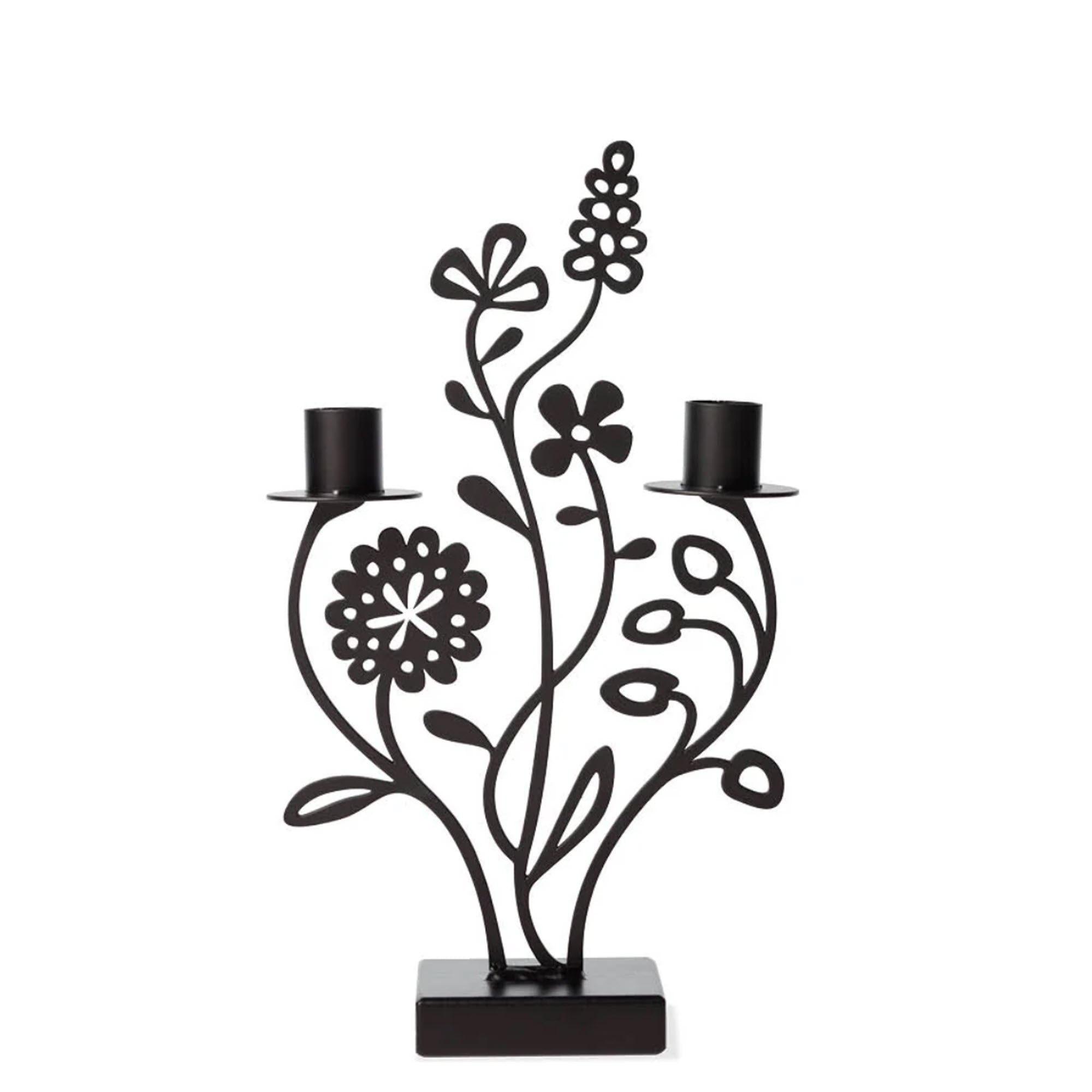 An enchanting candle holder crafted from sleek black iron, resembling a charming flower meadow. Featuring two taper candle holders atop a sturdy iron platform, adorned with four intricately detailed flowers and delicate leaves, evoking a sense of whimsical elegance.