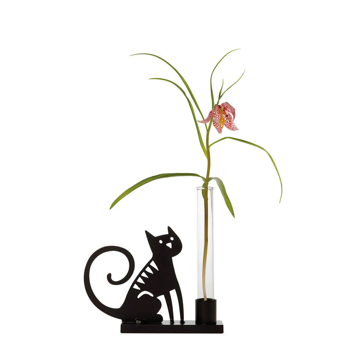  This image showcases a charming Bengt & Lotta candle holder fashioned from black iron, artfully shaped like a cat. It features a glass test tube holding a striking red and white lily, surrounded by verdant, cascading leaves. Noteworthy for its intricate details, including a gracefully curled tail, the cat candle holder infuses the floral arrangement with whimsical charm. The glass tube elegantly cradles the vibrant flower, completing the enchanting display