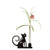 This image showcases a charming Bengt & Lotta candle holder fashioned from black iron, artfully shaped like a cat. It features a glass test tube holding a striking red and white lily, surrounded by verdant, cascading leaves. Noteworthy for its intricate details, including a gracefully curled tail, the cat candle holder infuses the floral arrangement with whimsical charm. The glass tube elegantly cradles the vibrant flower, completing the enchanting display