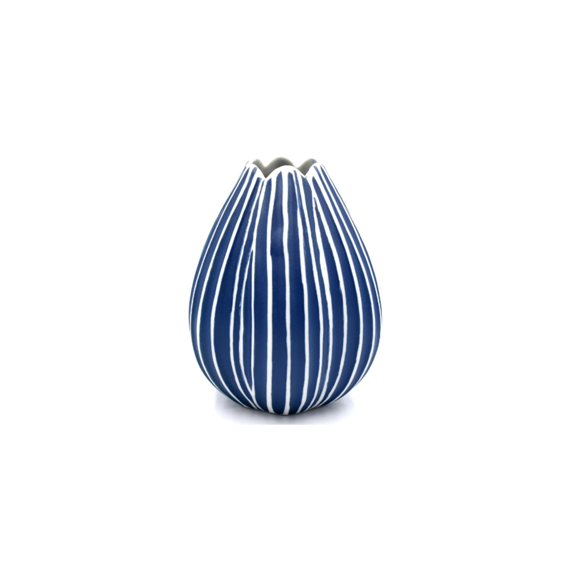 The image displays a vase with a distinctive design featuring vertical blue stripes on a white background. The vase has a rounded shape with a somewhat narrowed opening at the top, creating an elegant profile. 