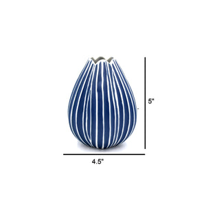 The image displays a vase with a distinctive design featuring vertical blue stripes on a white background. The vase has a rounded shape with a somewhat narrowed opening at the top, creating an elegant profile. Also pictured are the dimensions of the vase that read 4 ½” wide by 5” tall.