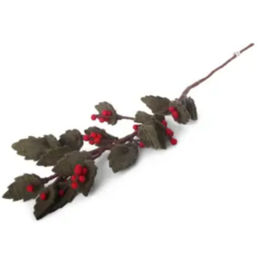 A beautiful branch featuring felted-wool leaves and clusters of red felted-wool berries.