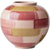 Round Vase with blocks of color that wraps its surface that include a tan, a berry, a dusty pink on a pale skin-tone color. It had a ribbed neck edge and a small base both of the light skin-tone shade of ceramic.