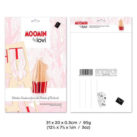 The Moominmamma packaging, both front and back along with the package dimensions of 12 1/4" x 7 1/8" x 1/8" thick. It also shows the weight of the puzzle with the packaging to be 3 ounces.
