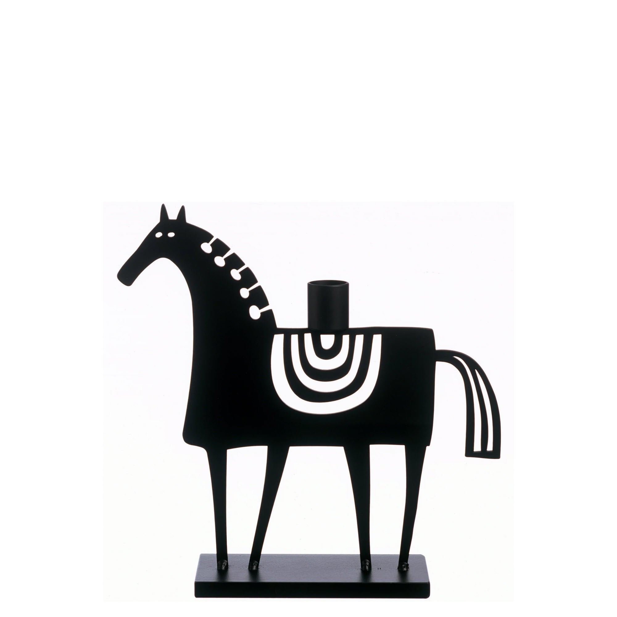 This image showcases a charming black iron candle holder fashioned in the shape of a horse. The whimsical design features intricate cut lines, including a saddle crafted with U-shaped cuts, a mane resembling a series of upside-down lollipops, and a tail with delicate lines resembling horse hair. Radiating with whimsy and decorative appeal, this piece adds a delightful touch to any table or shelf. It features space for one taper candle positioned at the center of the horse's back.