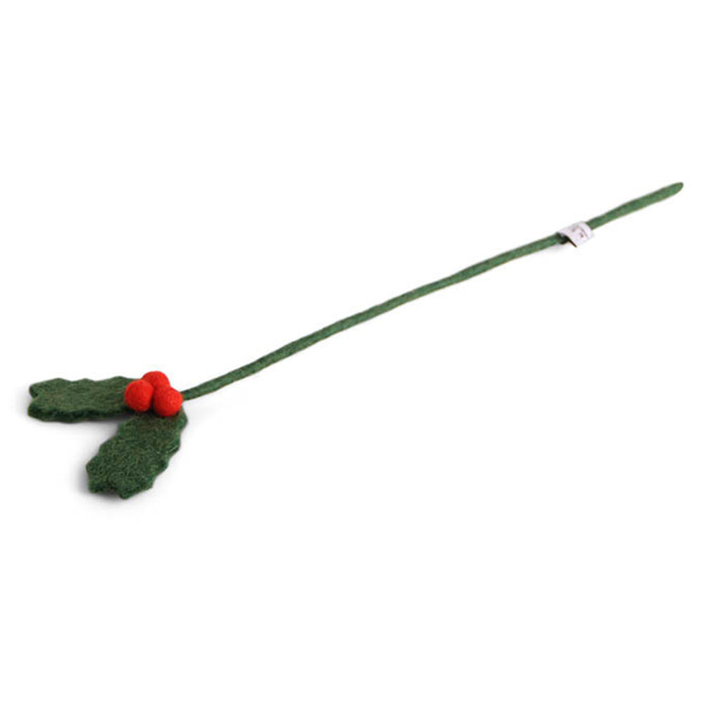 A handmade felt holly branch with two leaves and three red berries.