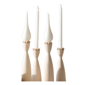 four wood candle sticks shown with drop candles in 9" size and taper candles in the 7.5" size. All have a ball candle hugger that is also sold seperately.