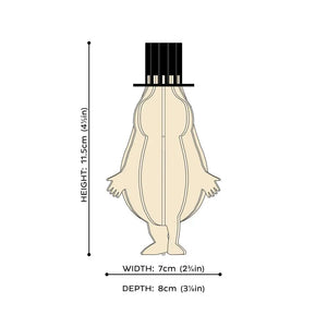 This drawing of Moominitroll shows his creamy white body and black top hat along with lines to show height of 4 1/2" and a width of 2 3/4" and a depth as 3 1/8”. 