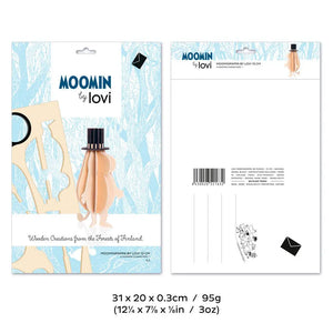 The Moomintroll packaging, both front and back along with the package dimensions of 12 1/4" x 7 1/8" x 1/8" thick. It also shows the weight of the puzzle with the packaging to be 3 ounces.