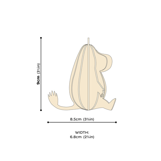 This drawing of Moomintroll shows his creamy white body with lines to show height of 3 1/2" and a depth of 3 3/8" and his width as 2 ¾”.