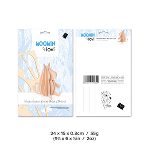 The Moomintroll packaging, both front and back along with the package dimensions of 9 1/2" x 6" x 1/8" thick. It also shows the weight of the puzzle with the packaging to be 2 ounces.