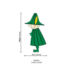 This drawing of Sufkin shows his creamy white face, his green outfit with a yellow feather in his hat. It also contains lines to show height of 4 3/8" and a width of 2 3/8".